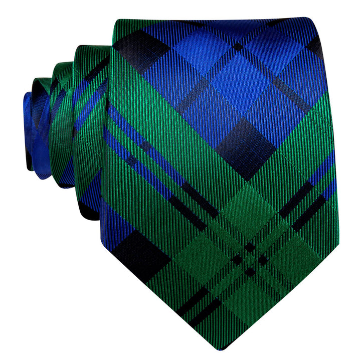 classic business plaid silk mens navy blue emerald green tie and pocket square cufflinks set