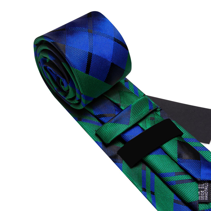 classic business plaid silk mens navy blue emerald green tie and pocket square cufflinks set