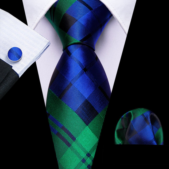 high quality silk classic plaid navy blue mens green ties pocket square cufflinks set