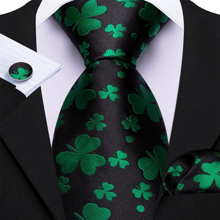 work dress black solid silk mens Novelty Clover emerald green ties pocket square cufflinks set