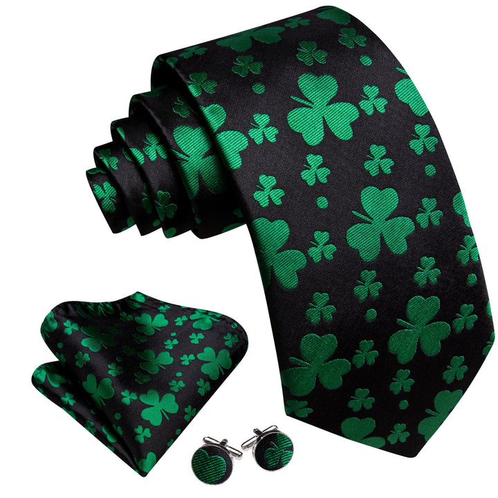 work dress black solid silk mens Novelty Clover emerald green ties pocket square cufflinks set