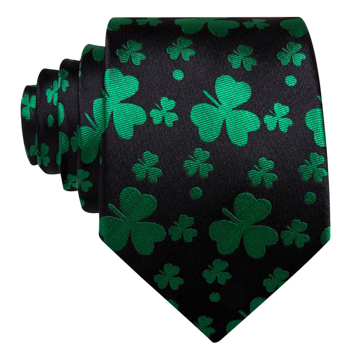 work dress black solid silk mens Novelty Clover emerald green ties pocket square cufflinks set