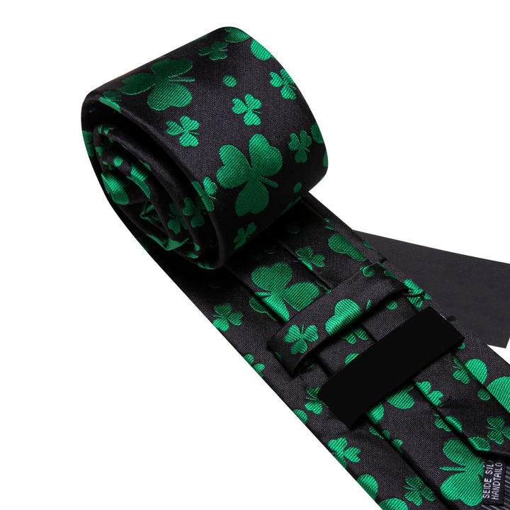 work dress black solid silk mens Novelty Clover emerald green ties pocket square cufflinks set