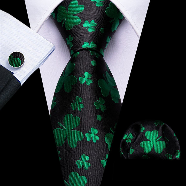 business black solid Clover dark green ties pocket square cufflinks set for dress suit