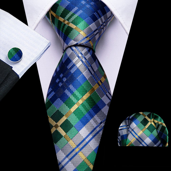 business striped blue grey yellow mens green tie pocket square cufflinks set