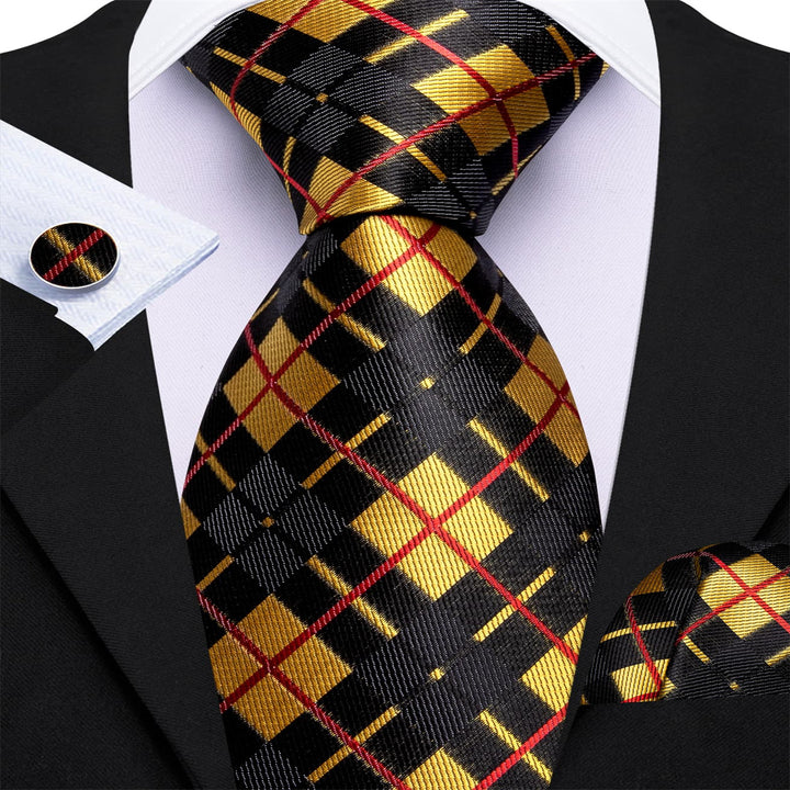 high quality silk plaid mens black and gold tux tie handkerchief cufflinks set