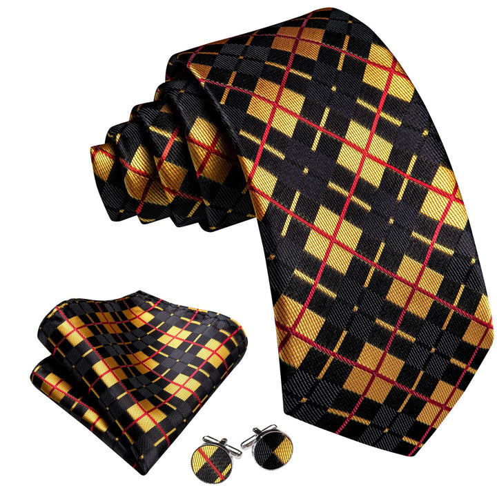 high quality silk plaid mens black and gold tux tie handkerchief cufflinks set