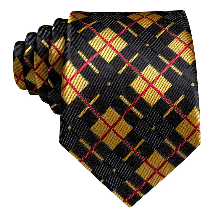 high quality silk plaid mens black and gold tux tie handkerchief cufflinks set