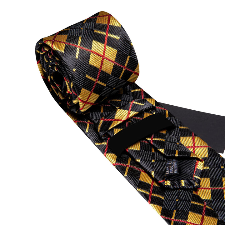 high quality silk plaid mens black and gold tux tie handkerchief cufflinks set