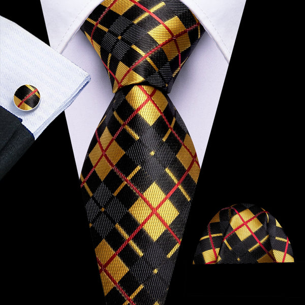 business plaid silk mens black and gold tie handkerchief cufflinks set