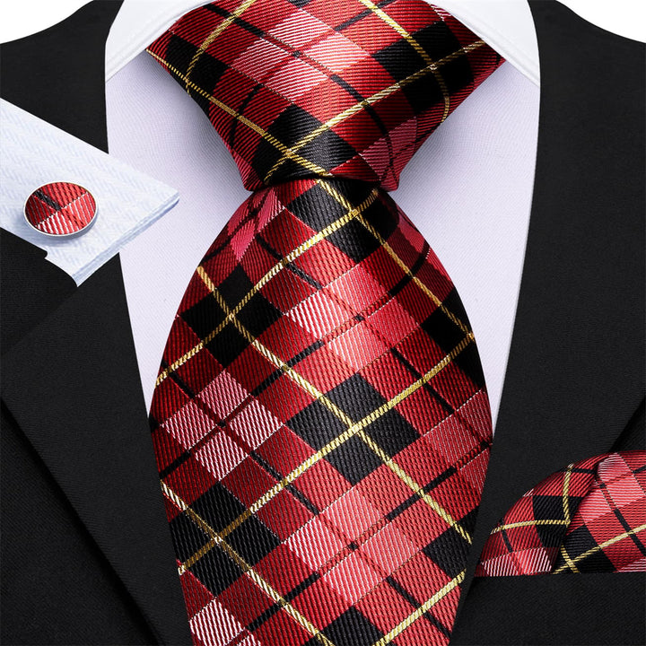 classic plaid silk mens black and red tie handkerchief cufflinks set