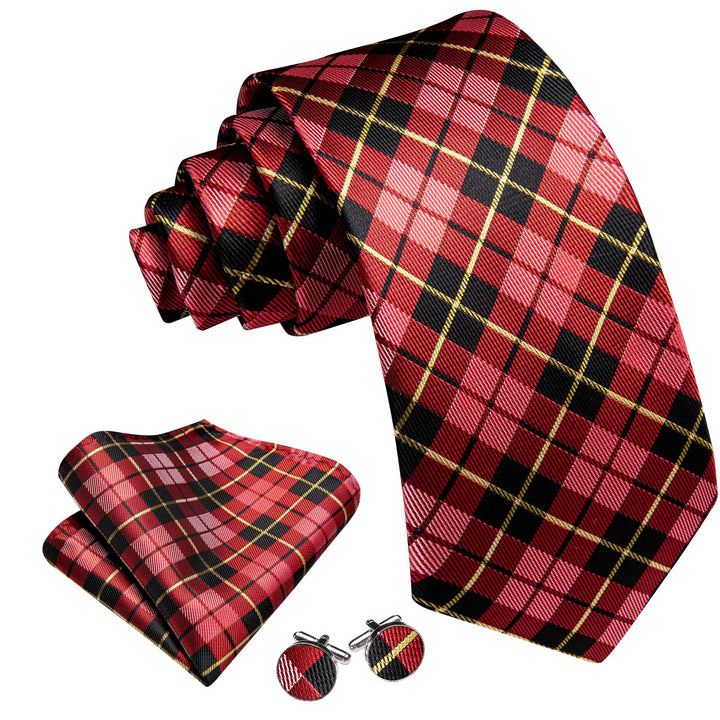 classic plaid silk mens black and red tie handkerchief cufflinks set