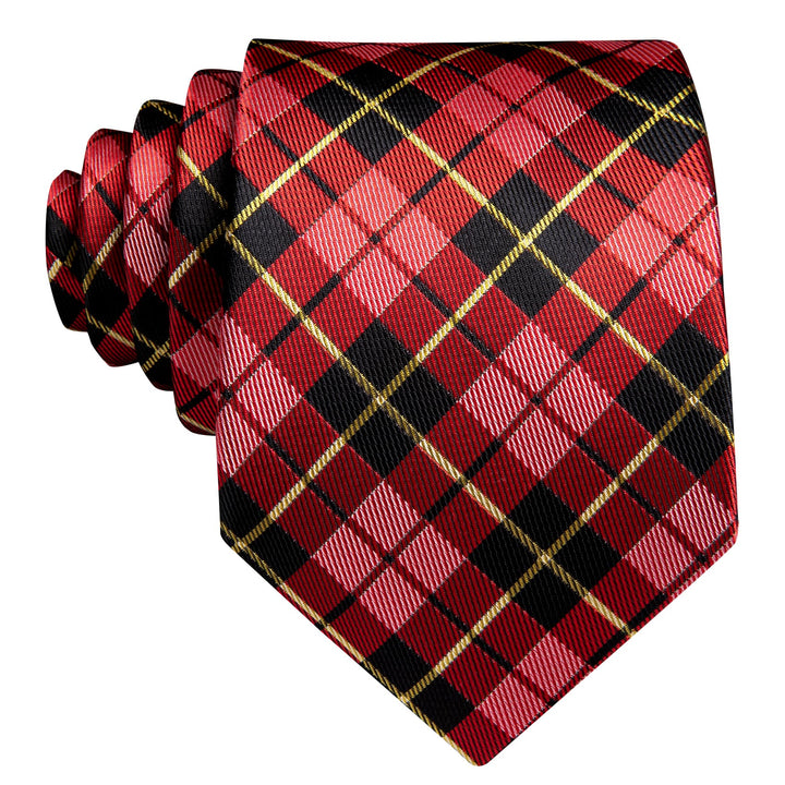 classic plaid silk mens black and red tie handkerchief cufflinks set