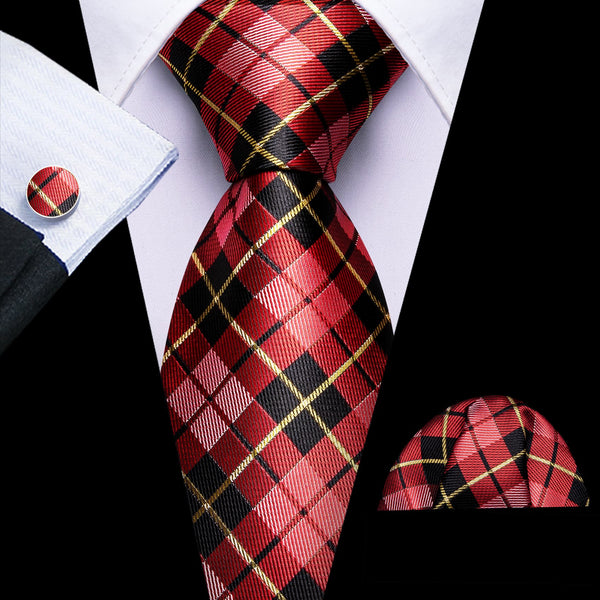 novelty plaid pink red and black tie handkerchief cufflinks set