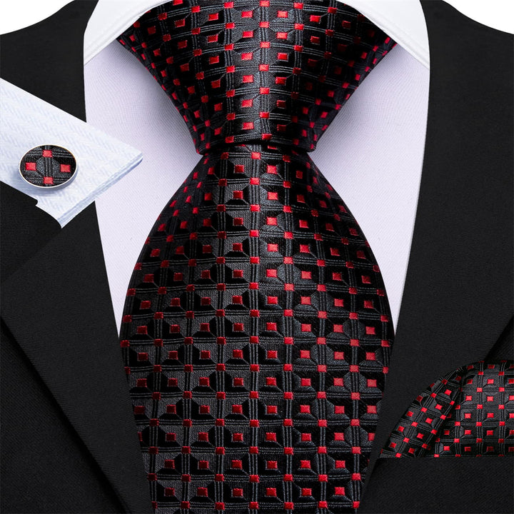 mens silk plaid red and black suits tie handkerchief cufflinks set for dress