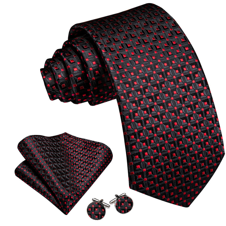 mens silk plaid red and black suits tie handkerchief cufflinks set for dress