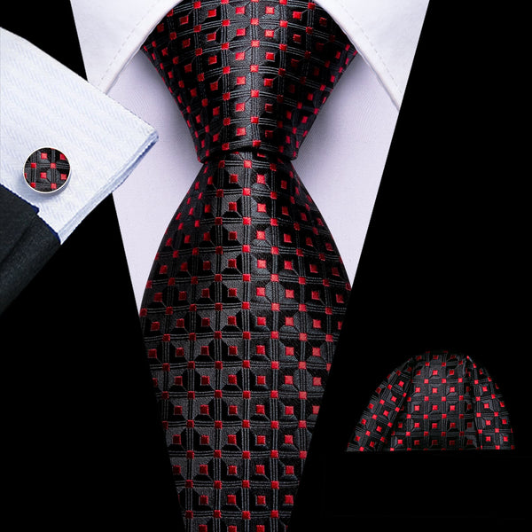 fashion business plaid red and black suit tie handkerchief cufflinks set