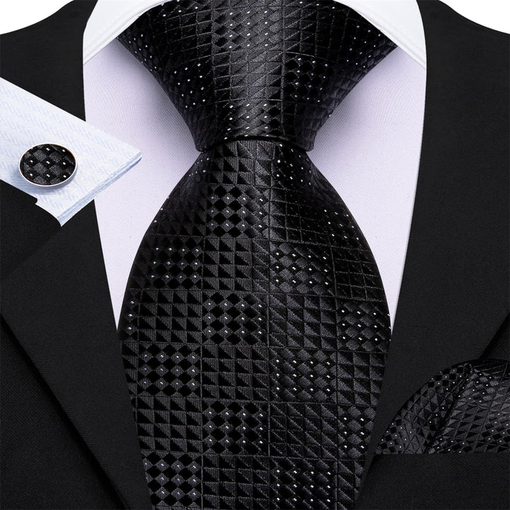 classic work dresses mens plaid black silk tie pocket square cufflinks set