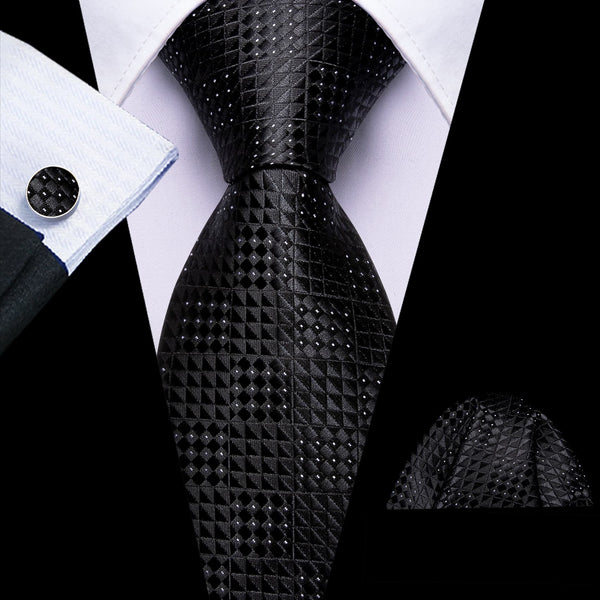 classic business white plaid silk mens black tie pocket square cufflinks set