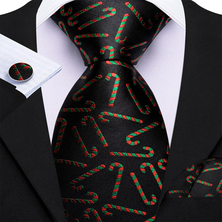 new arrival hot sale black red green cane silk christmas mens suit tie pocket square cufflinks set