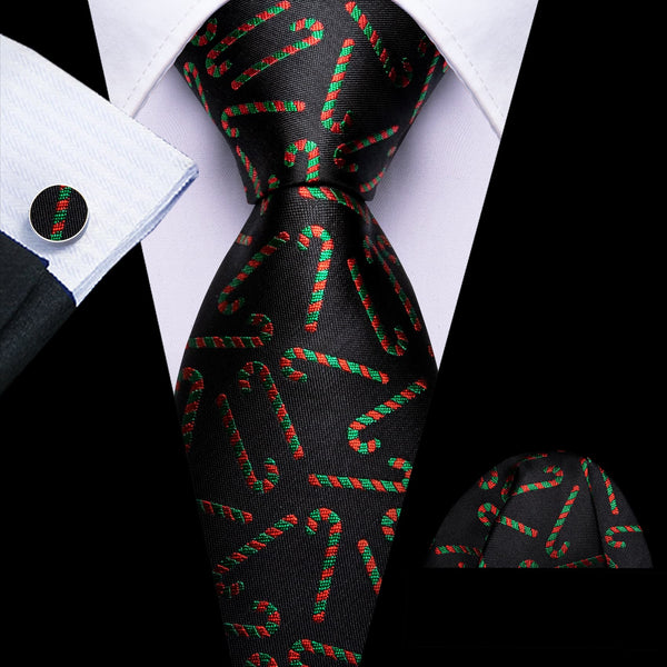 Classic Christmas cane elements silk black mens christmas tie pocket square cyfflinks set