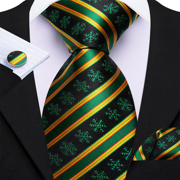 Fashion Holidays green snow gold striped mens christmas neckties pocket square cufflinks set