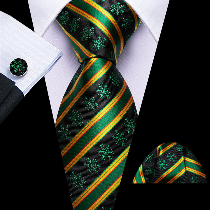 fashion new arrival gold striped green snow silk mens christmas tie pocket square cufflinks set