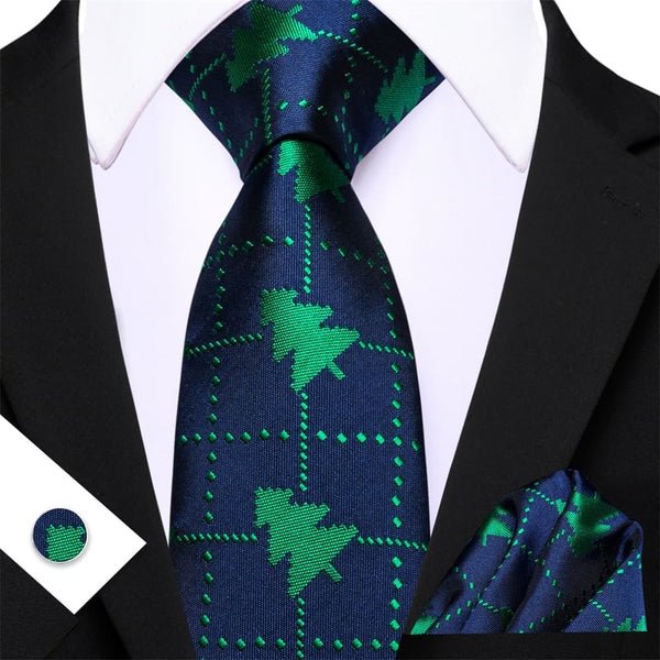 Ties2you Dark Blue Green Christmas Tree Plaid Men's Tie Pocket Square Cufflinks Set