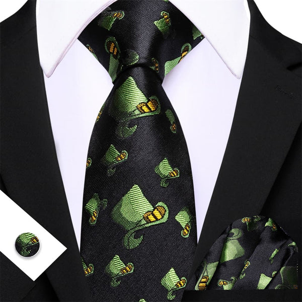 Ties2you Black Green Christmas Hat Men's Tie Pocket Square Cufflinks Set