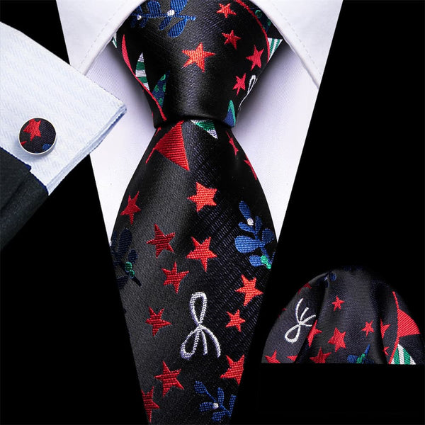 Ties2you Black Red Christmas Star Lights Men's Tie Pocket Square Cufflinks Set