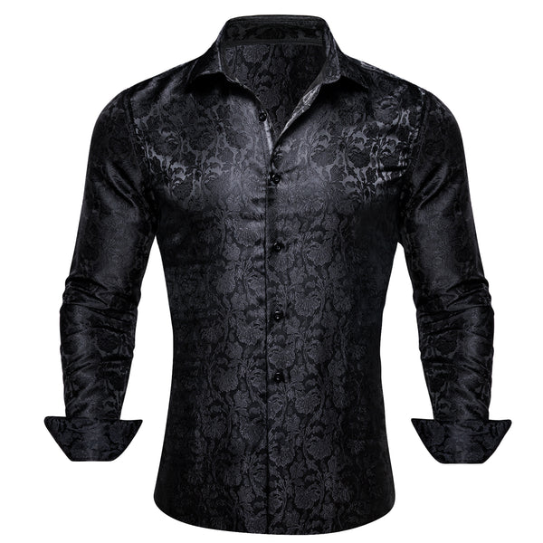 Classic Black Floral Silk Men's Long Sleeve Shirt