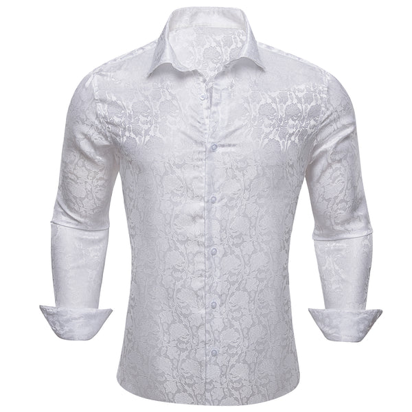 Pure White Floral Silk Men's Long Sleeve Shirt