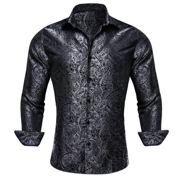 Black Silver Paisley Silk Men's Long Sleeve Shirt