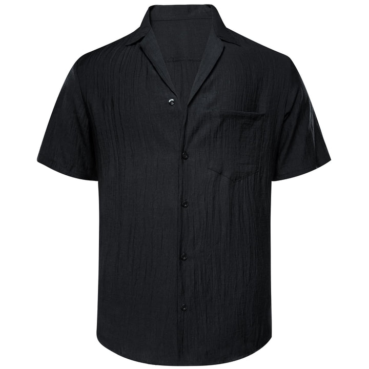 Black Solid Men's Silk Notched Collar short sleeve button up shirt