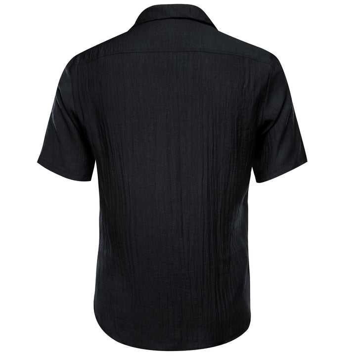  Black Solid silk men's button up short sleeve shirts