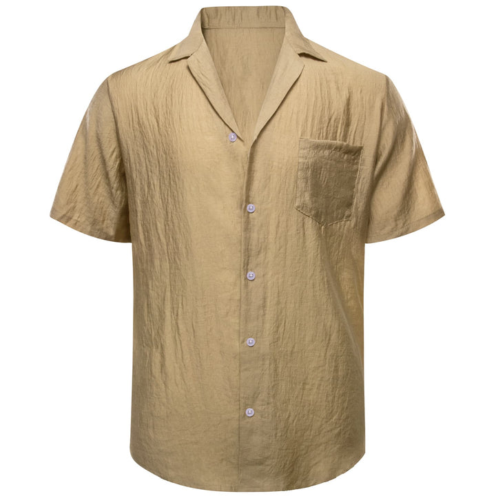 Khaki Solid Men's Silk Notched Collar button up short sleeve shirts