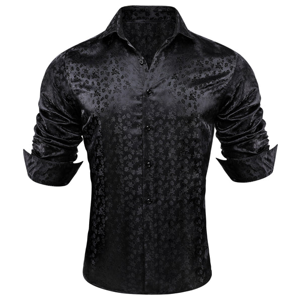 Black Floral Silk Men's Long Sleeve Shirt