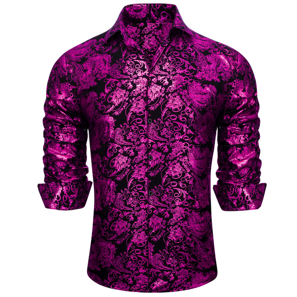 Purple Black Floral Paisley Silk Men's Long Sleeve Shirt