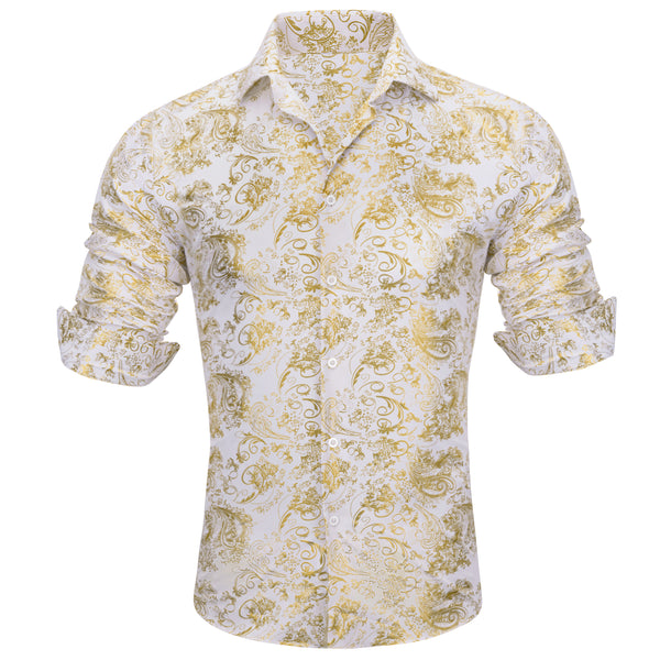 Gold White Floral Paisley Silk Men's Long Sleeve Shirt