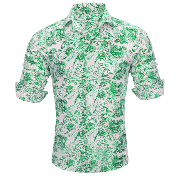 White Green Floral Paisley Silk Men's Long Sleeve Shirt