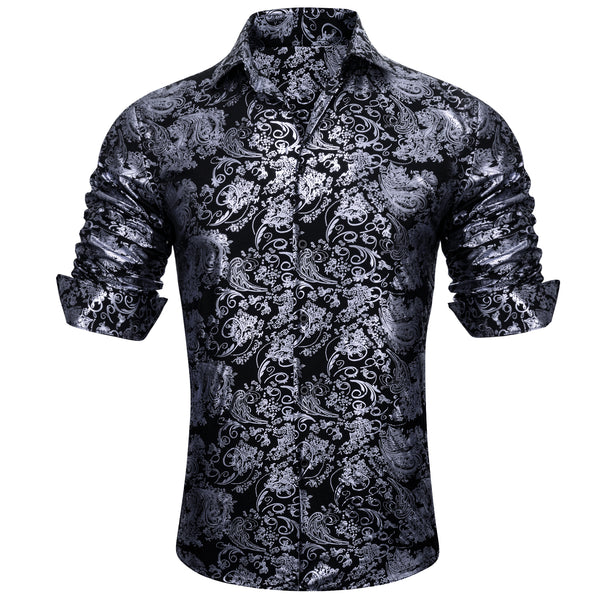 Grey Black Floral Paisley Silk Men's Long Sleeve Shirt