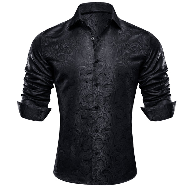 Black Paisley Pattern Silk Men's Long Sleeve Shirt