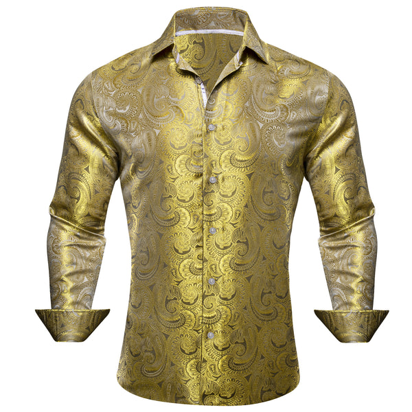 Yellow Paisley Pattern Silk Men's Long Sleeve Shirt