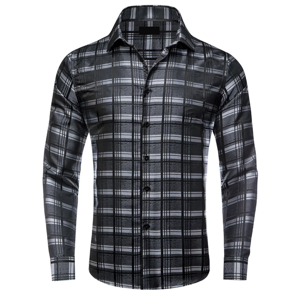 business plaid black grey silver silk men shirts