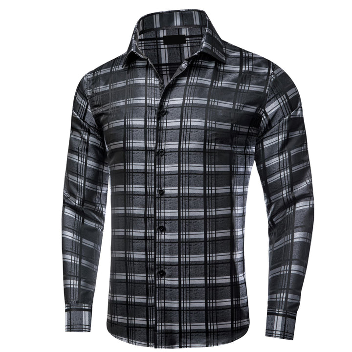 fashion black silver grey plaid silk dress shirt mens