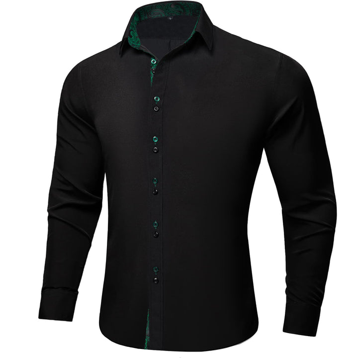 Black Solid Green Paisley Splicing Silk Long Sleeve Shirt