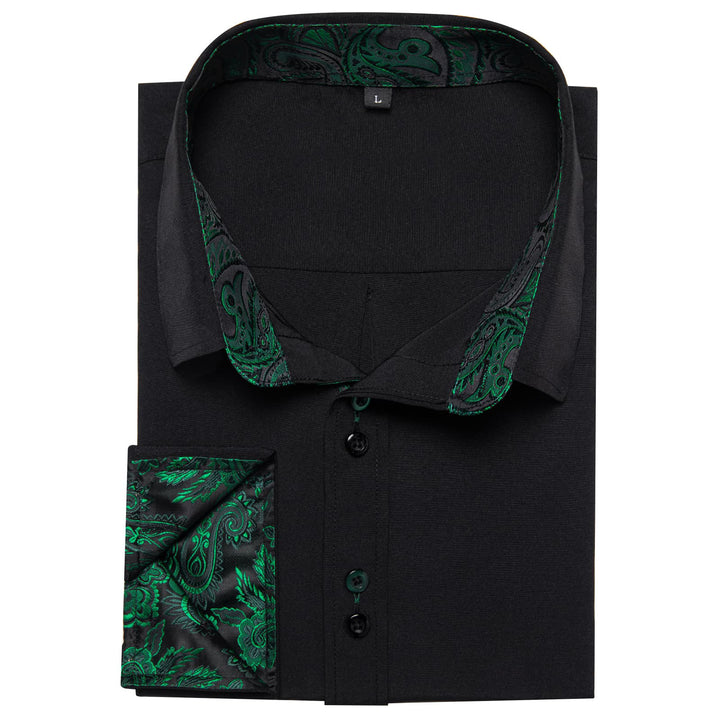 Black Solid Green Paisley Splicing Silk Long Sleeve Shirt