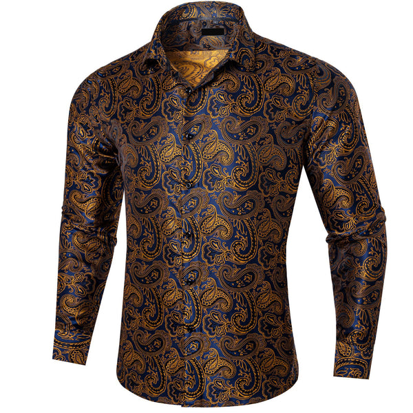 business dress suit shirt top gold navy blue paisley shirt for men