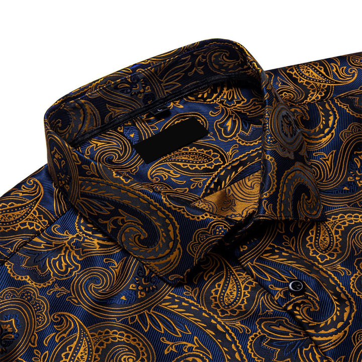 business dress suit shirt top gold navy blue paisley shirt for men