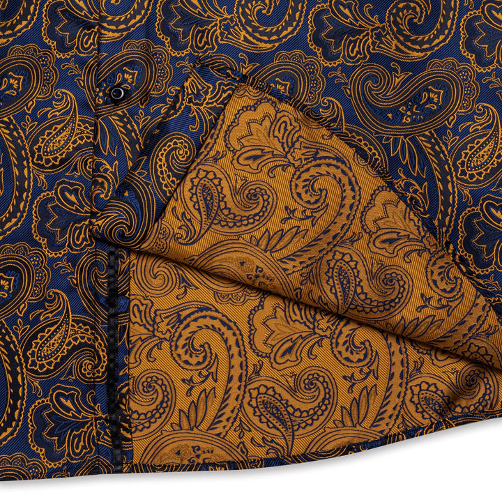 business dress suit shirt top gold navy blue paisley shirt for men